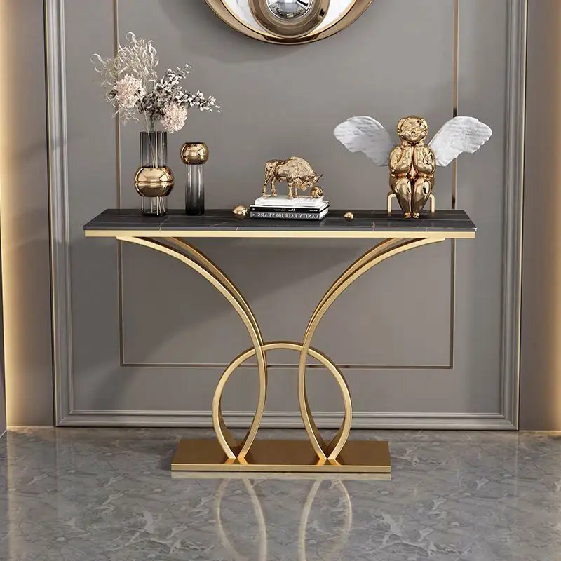 Dekoratif uzun koridor basit konsol masa mermer masa siyah altın Metal taban konsol masa oturma odası mobilya