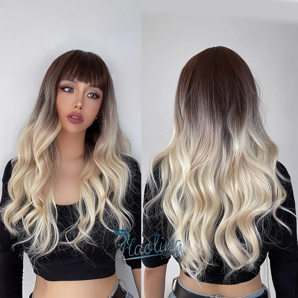 Fast Delivery Long Body Wave Ombre Brown Blonde Synthetic Wigs with Bangs for Women Peruca Cacheada Perucas Ondulada