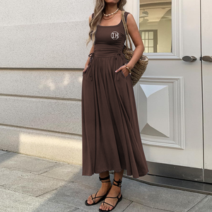 بيع بالجملة النساء عارضة بلا أكمام مربع الرقبة فستان طويل الجانب الرباط Ruched لينة فساتين الشاطئ الصيف دافئ - Product Image 3