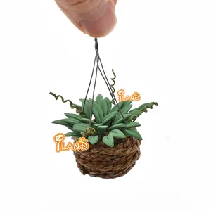 Iland – panier à fleurs suspendu pour maison de poupée 1/12, Mini plante verte en argile pour accessoires de maison de poupée, Mini décor de scène