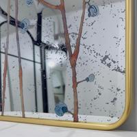 Miroir d'appoint élégant en métal doré, miroir mural décoratif avec motif floral bleu gravé pour la décoration intérieure de chambre et de salon