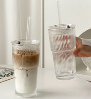 Grand gobelet en verre réutilisable de 600 ml, style Ins, avec couvercle anti-fuite et paille, motif à rayures verticales, pour jus et boissons froides