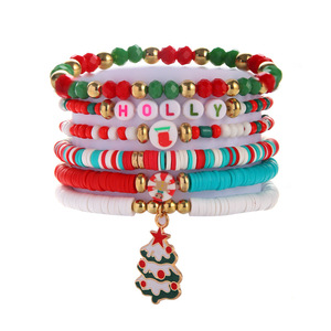 Polymer Clay <b>Beaded</b> <b>Bracelet</b> Set Christmas Jewelry Holiday Gift Unisex Charm <b>Bracelets</b> Red Green White Santa Claus Snowflake - Product Image 5
