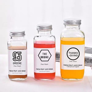 Wholesale 8oz 12oz 16oz Clear French Square Beverage Glass <b>Bottle</b> Milk Juice <b>Bottles</b> with Metal Cap - Product Image 5
