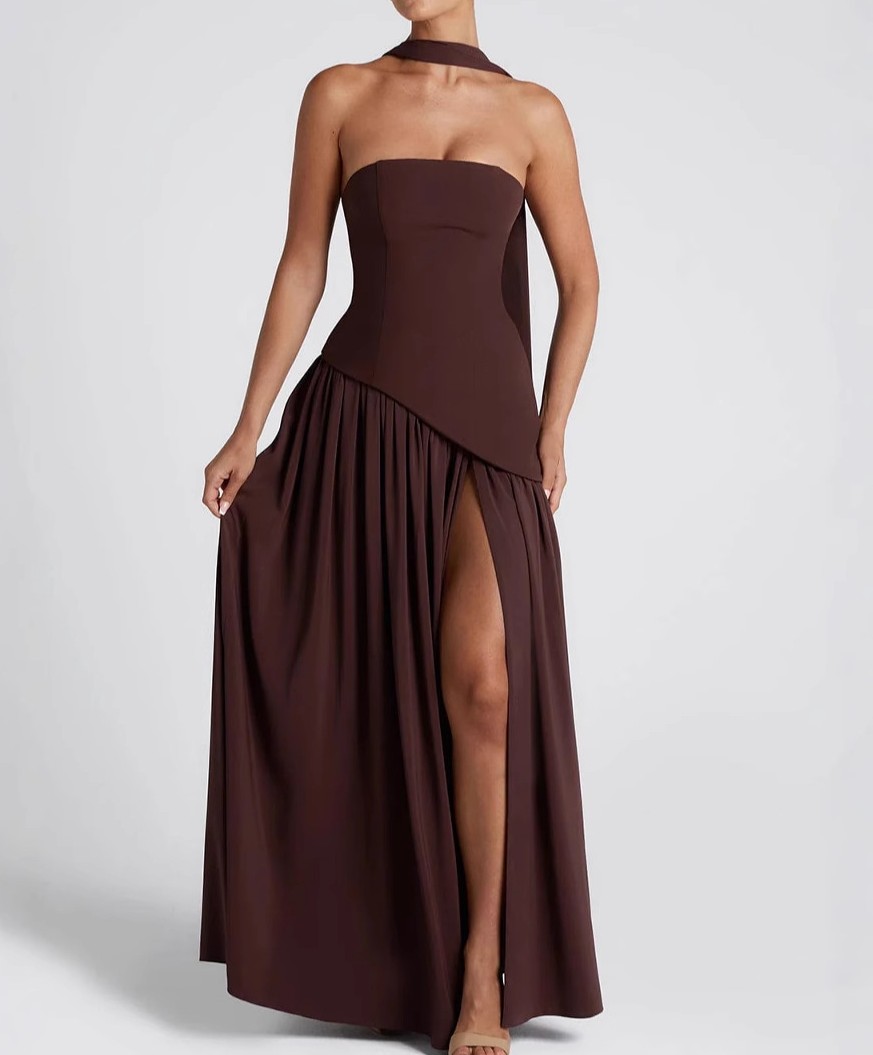 how to sew a fit and flare dress Rosalia Bandeau Large Floral Maxi Dress With Neck Scarf – kalisa main image 0