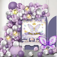 Kit d'arche de ballons en feuille d'aluminium motif papillon violet, imprimé 4 couleurs, durable, pour fête d'anniversaire d'enfants, avec ballon affiche Joyeux Anniversaire