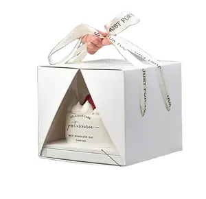 صندوق كعك فاخر مربع باللون الأبيض والوردي مزود بشريط للشباك مخصص لحفلات الزفاف وأعياد الميلاد والكوكيز والخبز