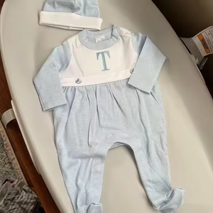 Mameluco personalizado para bebé <span class=keywords><strong>recién</strong></span> nacido, conjunto de Manta, mono de cuello redondo de algodón a rayas azules para bebé, ropa infantil para bebé 2025 - Product Image 2
