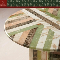 Table à manger ronde GOLDKING avec incrustation de marbre multicolore, base sur piétement, design artistique, fabrication OEM ODM personnalisée, directement de l'usine.