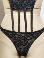 Bodysuit renda sifon floral hitam sheer dengan potongan V dalam dan tali, ODM, lingerie transparan seksi untuk wanita