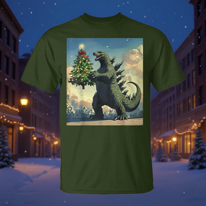 T-shirt monstre japonais Kaiju portant un sapin de Noël - Product Image 3