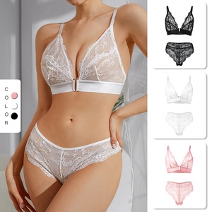 フレンチスタイルプラスサイズのレーストリムシースルーランジェリーセットT字型フロントクロージャースチールフリーブラとひもブラ & ブリーフセット - Product Image 2