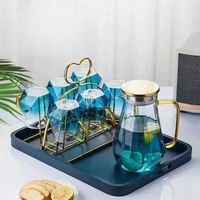 Théière en Verre Borosilicate Transparent Résistant à la Chaleur, Bleu Dégradé, Grande Capacité, avec Ensemble de Tasses