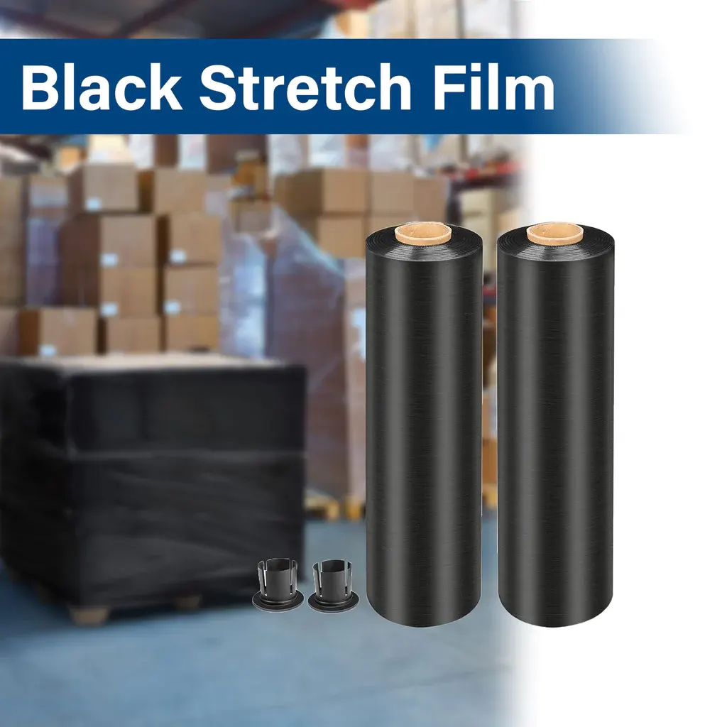 Film regang Pe hitam 45cm/50cm 20mic Film pembungkus hitam untuk pembungkus palet