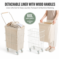 Chariot à linge moderne à roulettes détachable avec 4 roulettes, poignée en bois, doublure en tissu, cadre métallique, panier à linge organisateur pour la maison et le dortoir