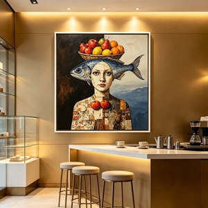 Dipinto a Olio Surrealista Donna con Pesce e Cesto di Frutta, <span class=keywords><strong>Arte</strong></span> Murale su Tela, Texture Vintage Effetto Craquelé, Decorazione Figurativa per Hotel, Caffè, Casa - Product Image 6