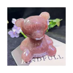 Hot Sale Natural Crystal Craft Healing Stones Rose Strawberry Quartz Bear Carving Craft for Home Ornament