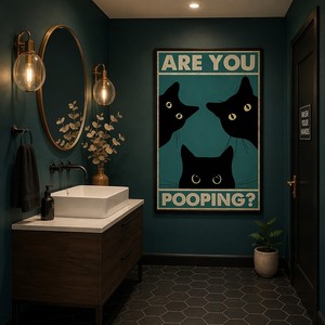 Tableau mural en toile encadré avec chat drôle pour salle de bain, cadre noir, 'Are You Pooping', humorisme rétro vintage sur le thème du chat noir, décoration, cadeau pour café, vente en gros - Product Image 2