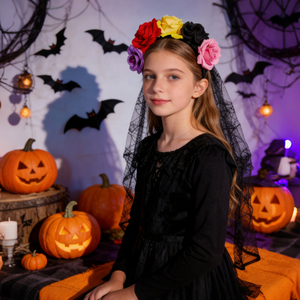 Serre-tête de déguisement d'horreur pour Halloween, avec voile de mariée gothique et fleurs de rose vintage, pour la décoration de fête sur le thème de la Journée des Morts - Product Image 1