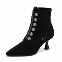 Bottines noires en daim pour femmes, à bout pointu, avec fermeture éclair latérale et bouton métallique, talon chaton, chaussures de mode pour les acheteurs de boutiques et de détail en gros