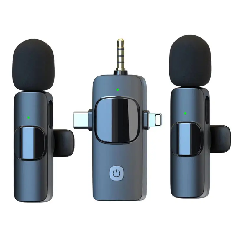 Microfone profissional 3 em 1 para celular, receptor sem fio duplo de lapela K15 Microfone duplo mini lapela para câmera de celular Android e iPhone