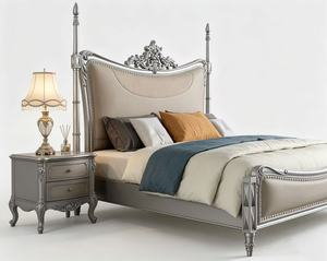 Premium Queen Size Silver Four Poster <b>Bed</b> With Beige Upholstered Ornate Carved Nailhead Headboard For Luxury Bedroom - Product Image 1