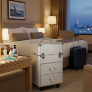 Maleta de maquillaje grande con ruedas, plateada, metálica, con cerradura, tipo trolley de viaje para cosméticos, con ruedas y cajones. - Product Image 2