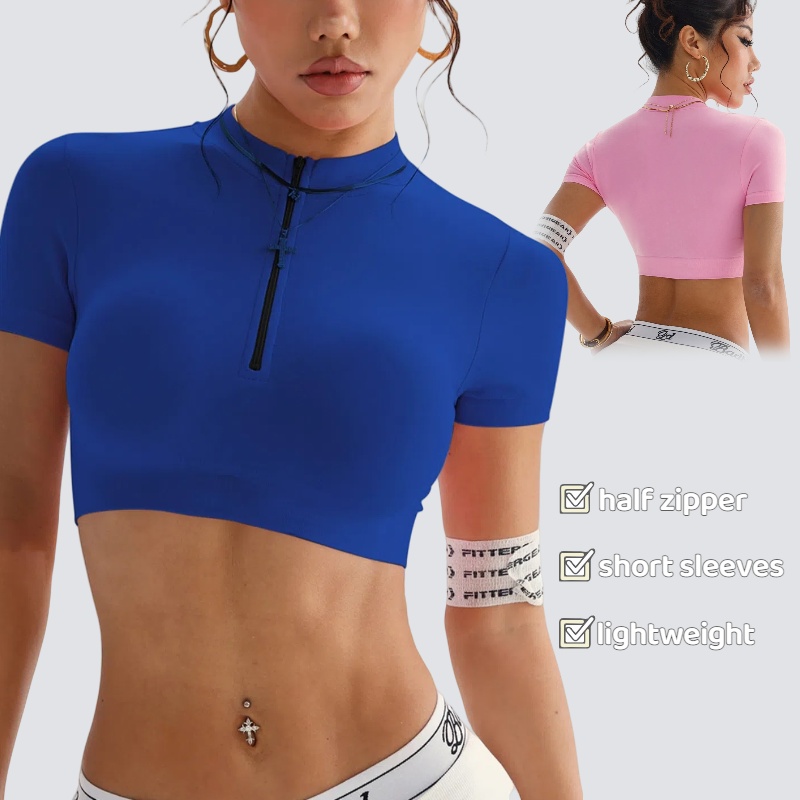 Yimo Women Half Zipper High Collar Golf Shirt Female Short Sleeves Fitness Yoga Top Lady Lightweight Slim Crop Running Vest