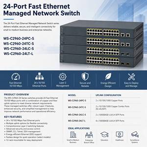 Commutateur réseau Ethernet rapide géré 24 ports <span class=keywords><strong>WS</strong></span>-<span class=keywords><strong>C2960</strong></span>-24PC-S <span class=keywords><strong>WS</strong></span>-<span class=keywords><strong>C2960</strong></span>-24TC-S <span class=keywords><strong>WS</strong></span>-<span class=keywords><strong>C2960</strong></span>-<span class=keywords><strong>24LC</strong></span>-S <span class=keywords><strong>WS</strong></span>-<span class=keywords><strong>C2960</strong></span>-24LT-<span class=keywords><strong>L</strong></span> - Product Image 1
