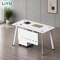 Escritorio de Oficina Moderno de Vidrio con Archivador Móvil de 3 Cajones, Patas Metálicas Extensibles Negras, Panel de Modestia, para Oficina en Casa