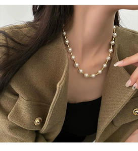 Versátil elegante Sexy Circular moda latón redondo 10mm blanco perla clavícula gota perla gargantillas collar de cadena larga para mujer - Product Image 2