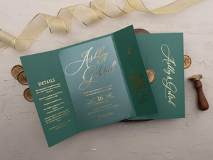 Faire-part de mariage en acrylique vert émeraude, <span class=keywords><strong>carte</strong></span> <span class=keywords><strong>d</strong></span>'invitation de mariage en acrylique imprimée en feuille <span class=keywords><strong>d</strong></span>'or pliée - Product Image 4
