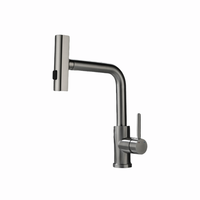 Robinet de cuisine extractible en nickel brossé, monotrou, col haut en L, douchette carrée, levier fin, 2 fonctions