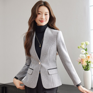 <b>Brown</b> <b>Wool</b> Blazer For Women Autumn Winter Solid Color Warm Woven Jacket Petite Fit - Product Image 2