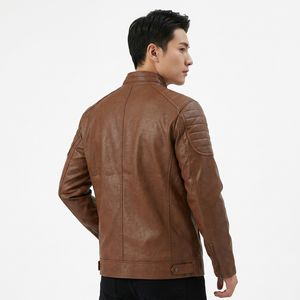 Chaqueta de cuero marrón para hombre, estilo motociclista, con cuello alto, cierre de cremallera, corte ajustado, para otoño, estilo Cafe Racer. - Product Image 4