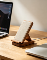 Support de téléphone pliable en bois massif nordique avec recharge sans fil, support de bureau portable réglable multi-positions pour smartphone et tablette