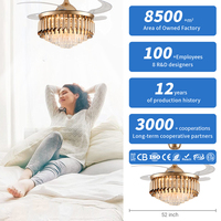 Ventilateur de plafond moderne en métal et cristal de 52 pouces, fonctionnement silencieux DC, LED haute luminosité, télécommande, pour la maison, la chambre à coucher, la salle à manger