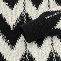Pull en maille à col rond pour femme, imprimé chevron, manches longues bouffantes, jacquard à sequins, motif noir et blanc, pull décontracté