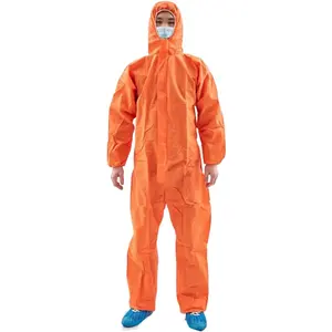 Junlong Orange Color High Quality Type 5 6 Protection Safety Clothing Hooded Disposable SMS Coverall For Wholesale