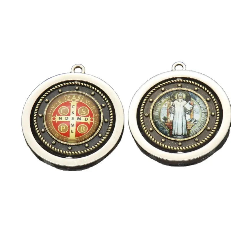 Catholic Christ Saint Benedict Metal Keychain Parts Wholesale Metal Double-sided gemstone jewelry necklace car keychain pendant