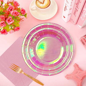 Assiettes en papier d'<span class=keywords><strong>anniversaire</strong></span> en gros, fournitures <span class=keywords><strong>de</strong></span> fête, serviettes en papier doux, ensembles <span class=keywords><strong>de</strong></span> vaisselle jetables en feuille holographique rose - Product Image 4