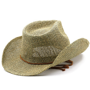 Cappello da cowboy occidentale in paglia di carta per uomo, a tesa larga, con protezione solare, cinturino sottogola e decorazione retrò con cordino, ideale per viaggi in spiaggia e attività all'aperto. - Product Image 4