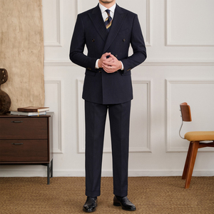 Completo Uomo di Alta Qualità in Tessuto Elasticizzato <span class=keywords><strong>Blu</strong></span> a Righe Formali Doppiopetto con Risvolto a Punta <span class=keywords><strong>Pantaloni</strong></span> con Pieghe e Polsini 2 Pezzi - Product Image 3