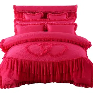 Оптовая продажа, роскошный розово-красный комплект постельного белья из хлопка и кружева, постельное белье с юбкой