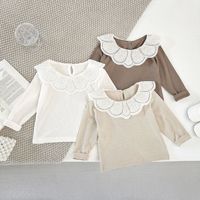 Haut à manches longues pour bébé fille, broderie en dentelle, col de poupée, t-shirt uni pour tout-petits, printemps automne, chemisier pour enfants