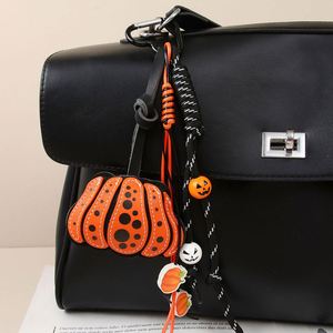 Halloween-themed Creative <b>Leather</b> Double-Sided Mini Pumpkin Bag Pendant Wooden Bead String Keychain Hanging Ornament - Product Image 1