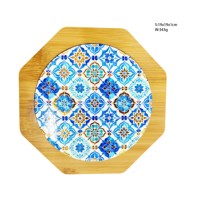 Sous-plat octogonal en bambou et céramique de 19 cm, style bohème, écologique, avec pressage à chaud doré, personnalisable