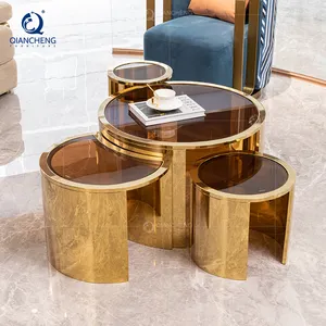 Mesa de té OEM en mueble de titanio para decoración de sala de estar, mesa de centro de cristal redondo de lujo con Rosa de acero inoxidable chapado en oro de 8k