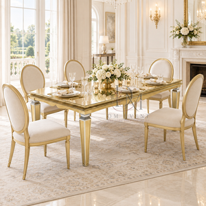 Mesa de Comedor de Acero Inoxidable Dorado Premium con Cristal Espejado, Patas Cónicas con Detalle de Celosía para Suministro de Banquetes de Boda - Product Image 3