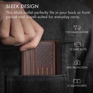 Men's Genuine Leather Tri-Fold <b>Wallet</b> With American Flag Design <b>RFID</b> <b>Blocking</b> Large Capacity Vertical <b>Wallet</b> For Everyday Use - Product Image 4